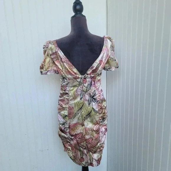 Donna Rae Satin Shiny Pink Green Day Stretch Dress Rutched Short Puff Sleeves 6 - Picture 9 of 15